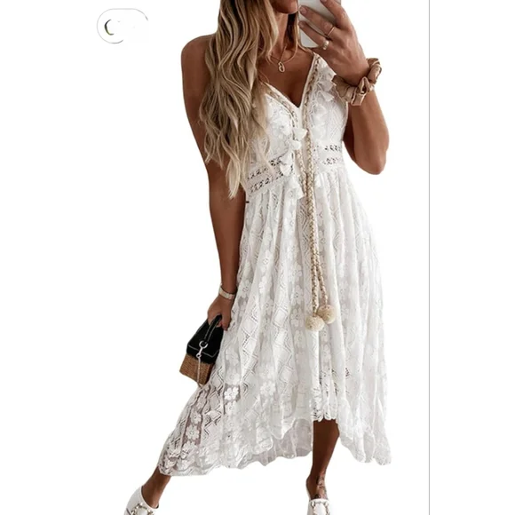 Boho Lace Hi Low Maxi Dress Ivory Cottagecore Romantic Festival EUC No Tags - Picture 2 of 11